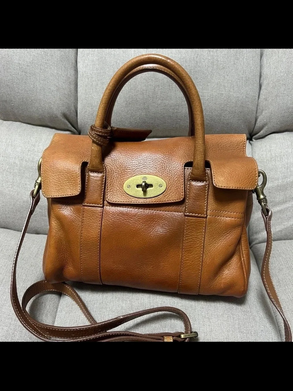 Mulberry Tan Brown Leather Satchel with Brass Turn-Lock